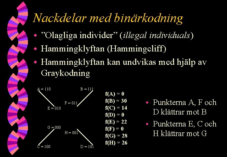 Nackdelar med binärkodning ”Olagliga individer” (illegal individuals) w Hammingklyftan (Hammingcliff) w Hammingklyftan kan undvikas