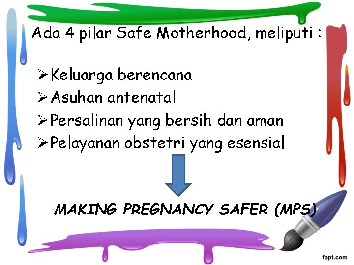 Ada 4 pilar Safe Motherhood, meliputi : Ø Keluarga berencana Ø Asuhan antenatal Ø