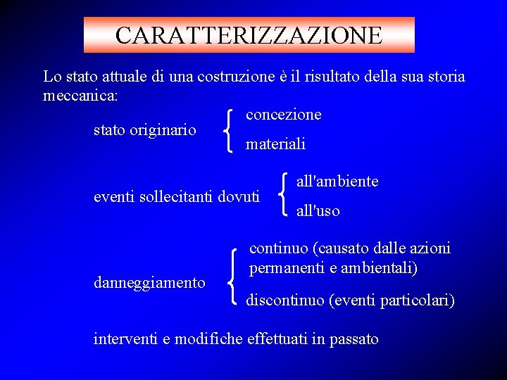 CARATTERIZZAZIONE Lo stato attuale di una costruzione è il risultato della sua storia meccanica: