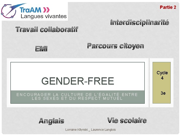 Partie 2 Travail collaboratif EMI Interdisciplinarité Parcours citoyen GENDER-FREE ENCOURAGER LA CULTURE DE L’ÉGALITÉ