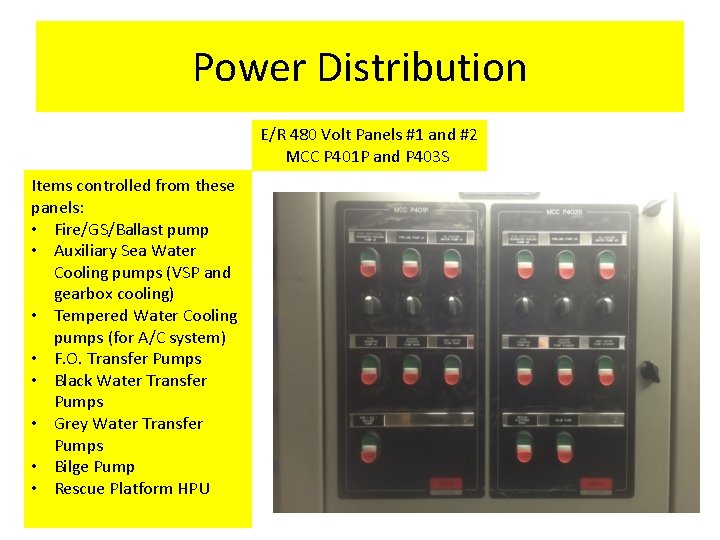 Power Distribution E/R 480 Volt Panels #1 and #2 MCC P 401 P and