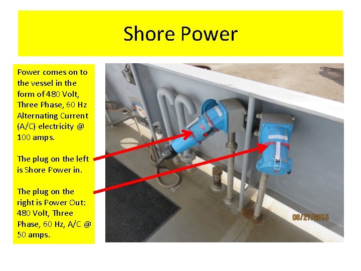 Shore Power comes on to the vessel in the form of 480 Volt, Three