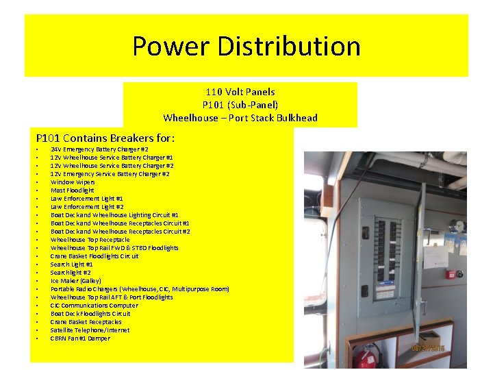 Power Distribution 110 Volt Panels P 101 (Sub-Panel) Wheelhouse – Port Stack Bulkhead P