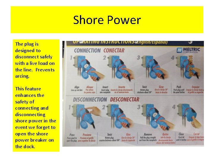 Shore Power The plug is designed to disconnect safely with a live load on