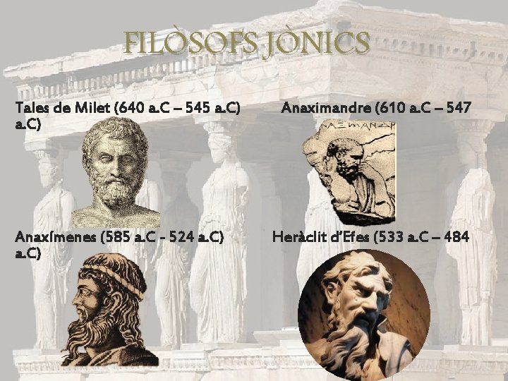 FILÒSOFS JÒNICS Tales de Milet (640 a. C – 545 a. C) Anaxímenes (585