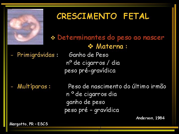 CRESCIMENTO FETAL v Determinantes do peso ao nascer v Materna : - Primigrávidas :