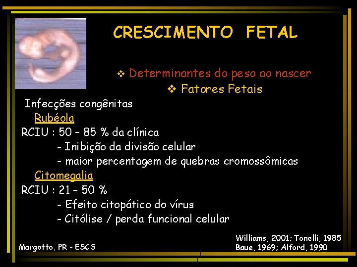 CRESCIMENTO FETAL v Determinantes do peso ao nascer v Fatores Fetais Infecções congênitas Rubéola