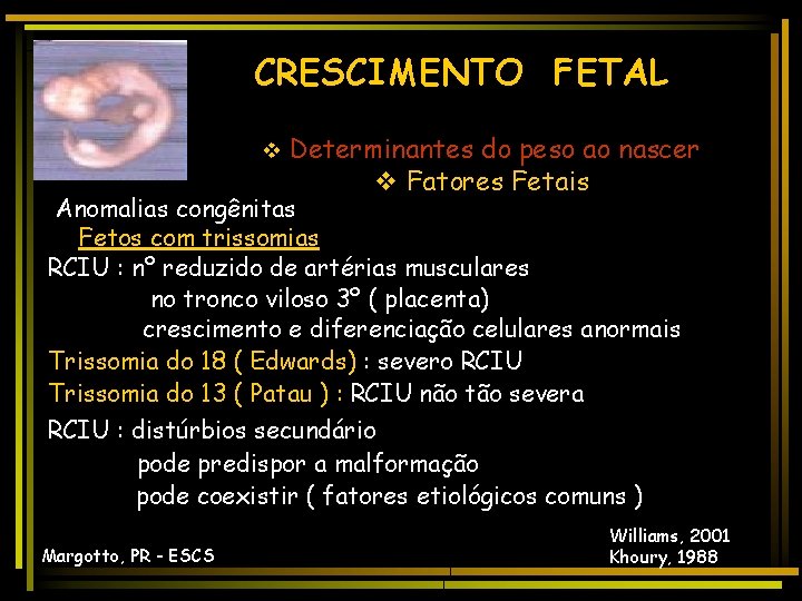 CRESCIMENTO FETAL v Determinantes do peso ao nascer v Fatores Fetais Anomalias congênitas Fetos