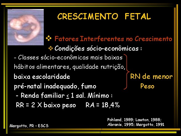 CRESCIMENTO FETAL v Fatores Interferentes no Crescimento v Condições sócio-econômicas : - Classes sócio-econômicas