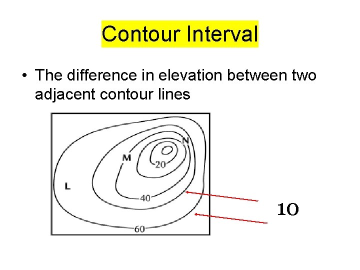 Contour Interval • The difference in elevation between two adjacent contour lines 10 