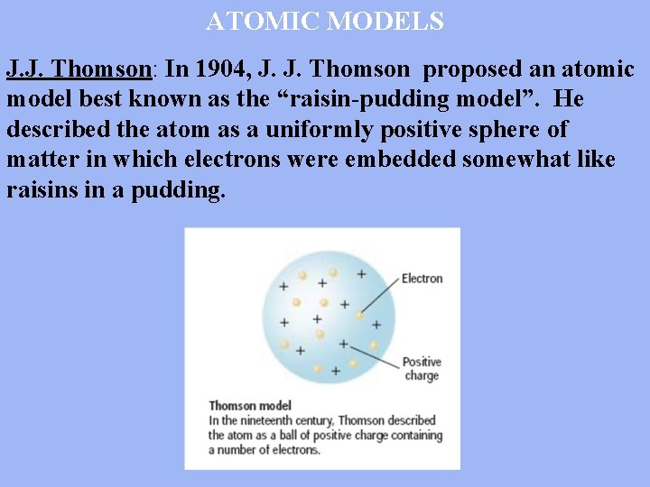 ATOMIC MODELS J. J. Thomson: In 1904, J. J. Thomson proposed an atomic model