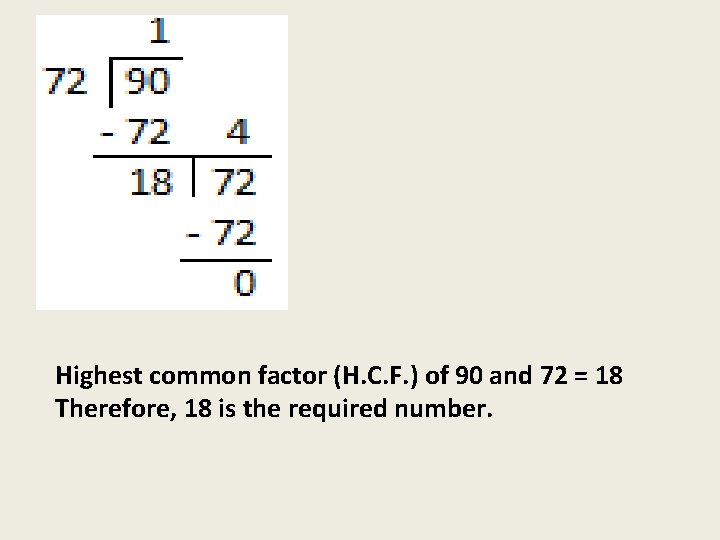 Highest common factor (H. C. F. ) of 90 and 72 = 18 Therefore,