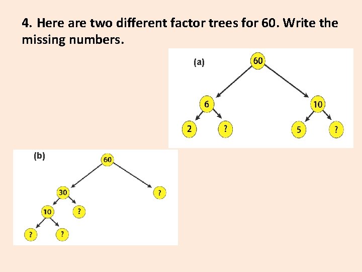 4. Here are two different factor trees for 60. Write the missing numbers. (a)