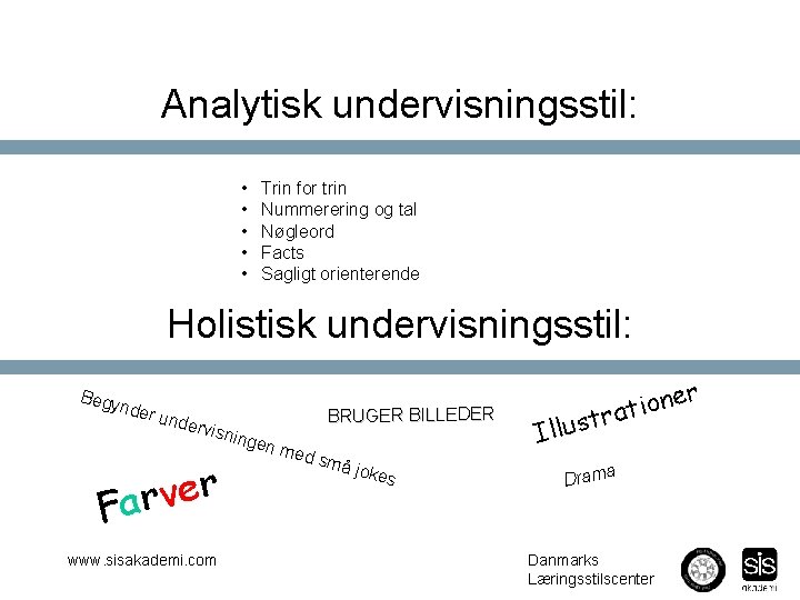 Analytisk undervisningsstil: • • • Trin for trin Nummerering og tal Nøgleord Facts Sagligt