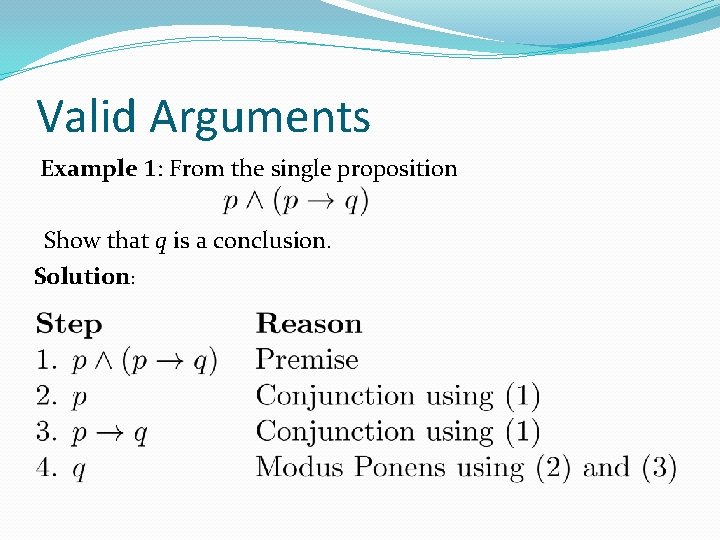 Valid Arguments Example 1: From the single proposition Show that q is a conclusion.