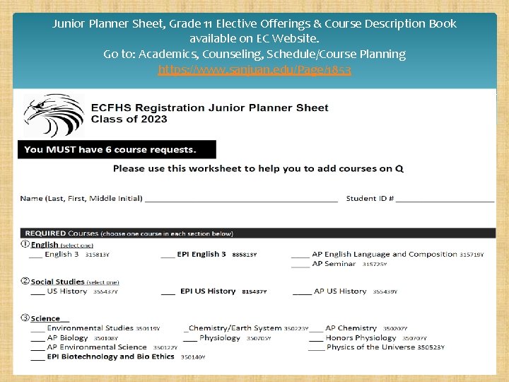 Junior Planner Sheet, Grade 11 Elective Offerings & Course Description Book available on EC