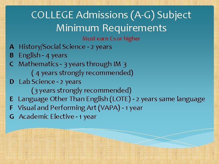 COLLEGE Admissions (A-G) Subject Minimum Requirements Must earn Cs or higher A History/Social Science