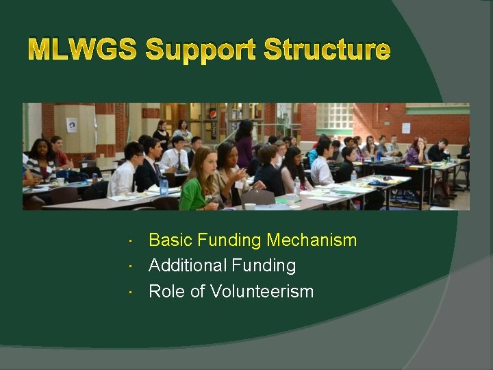 MLWGS Support Structure Basic Funding Mechanism Additional Funding Role of Volunteerism 