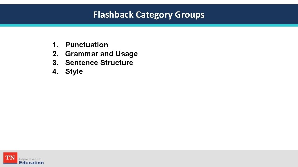 Flashback Category Groups 1. 2. 3. 4. Punctuation Grammar and Usage Sentence Structure Style