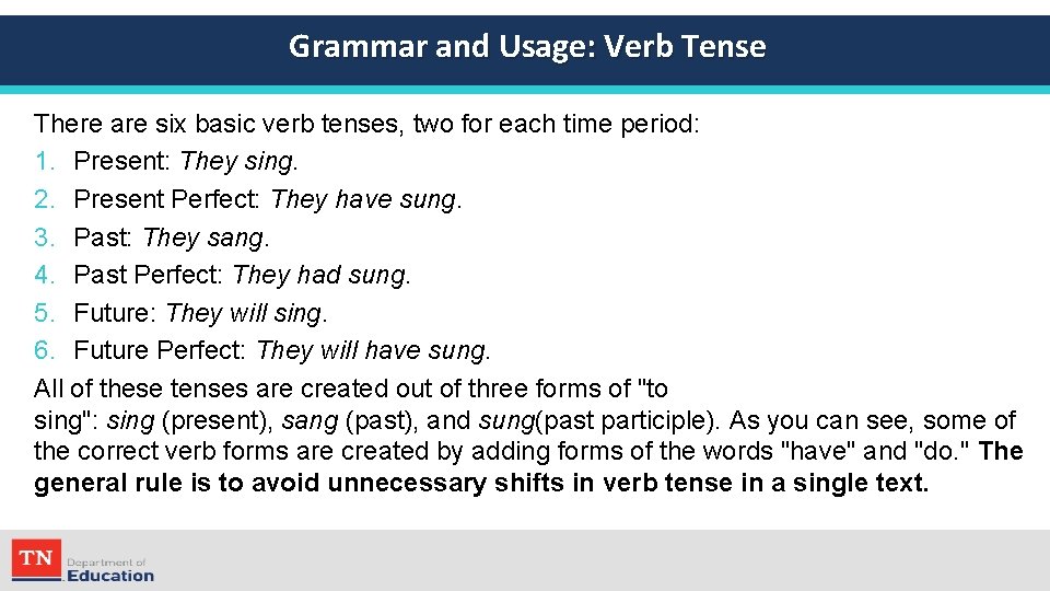 Grammar and Usage: Verb Tense There are six basic verb tenses, two for each