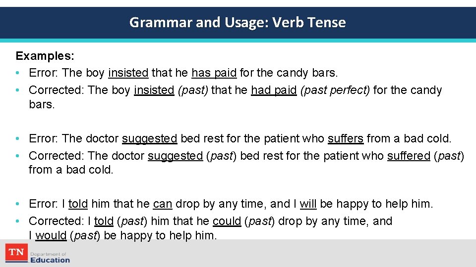 Grammar and Usage: Verb Tense Examples: • Error: The boy insisted that he has