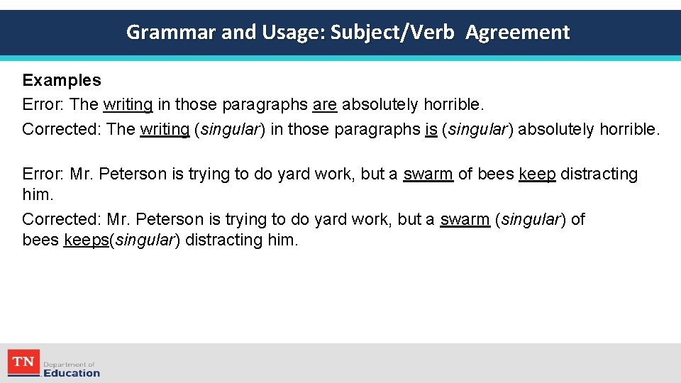 Grammar and Usage: Subject/Verb Agreement Examples Error: The writing in those paragraphs are absolutely