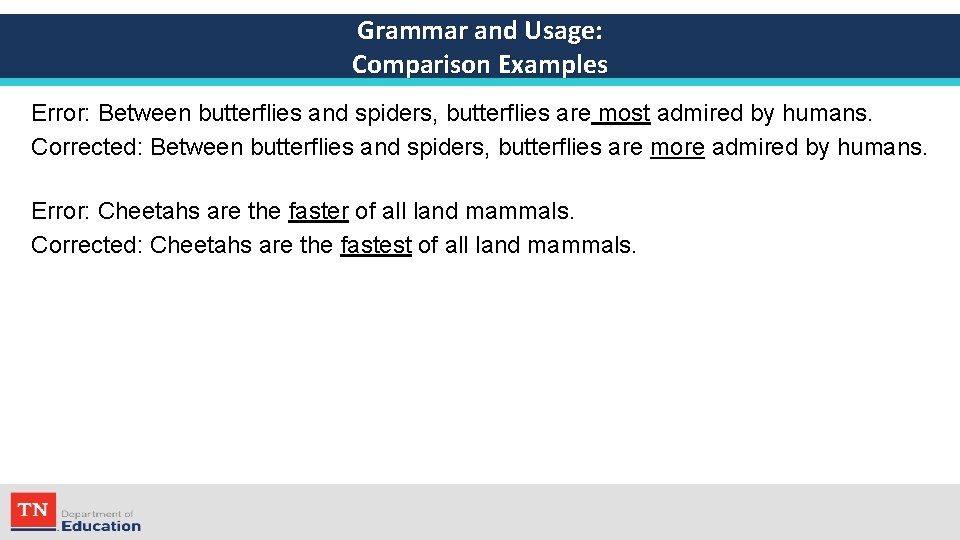 Grammar and Usage: Comparison Examples Error: Between butterflies and spiders, butterflies are most admired