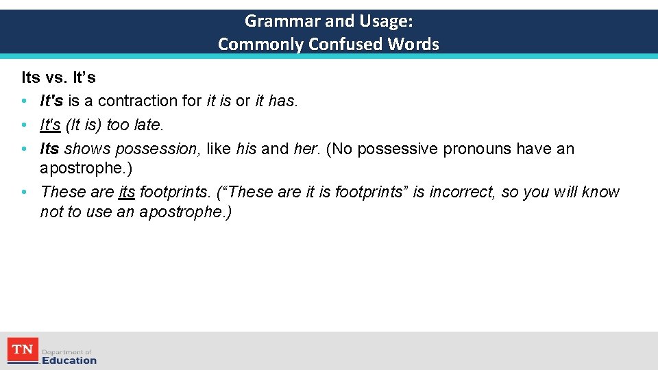 Grammar and Usage: Commonly Confused Words Its vs. It’s • It's is a contraction