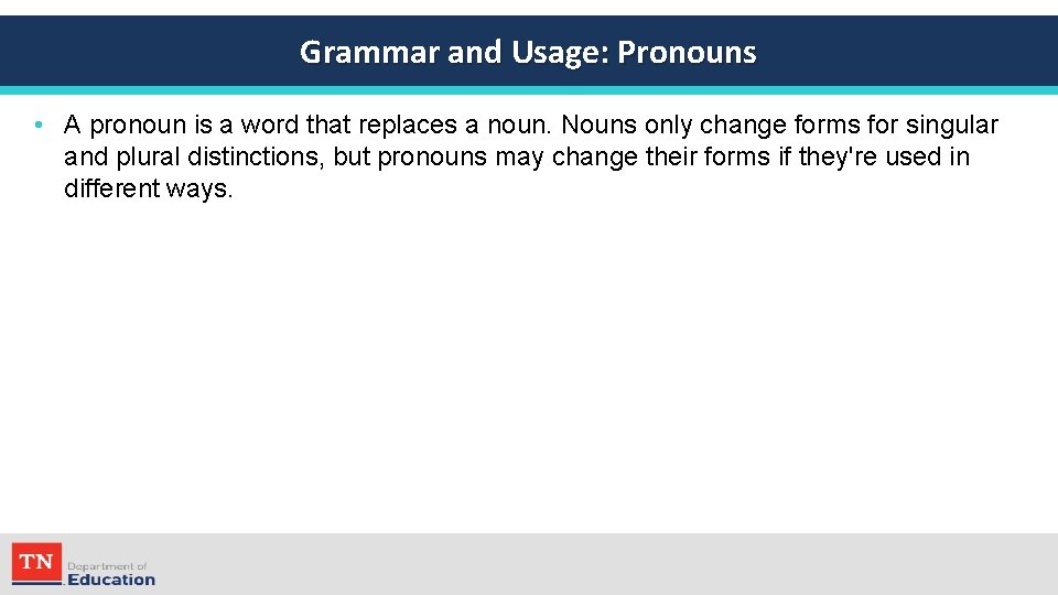 Grammar and Usage: Pronouns • A pronoun is a word that replaces a noun.