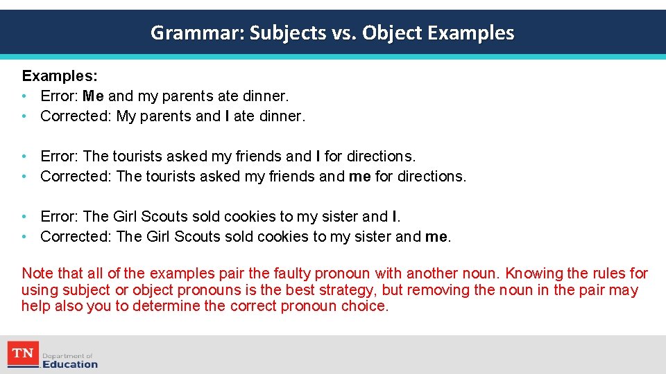 Grammar: Subjects vs. Object Examples: • Error: Me and my parents ate dinner. •