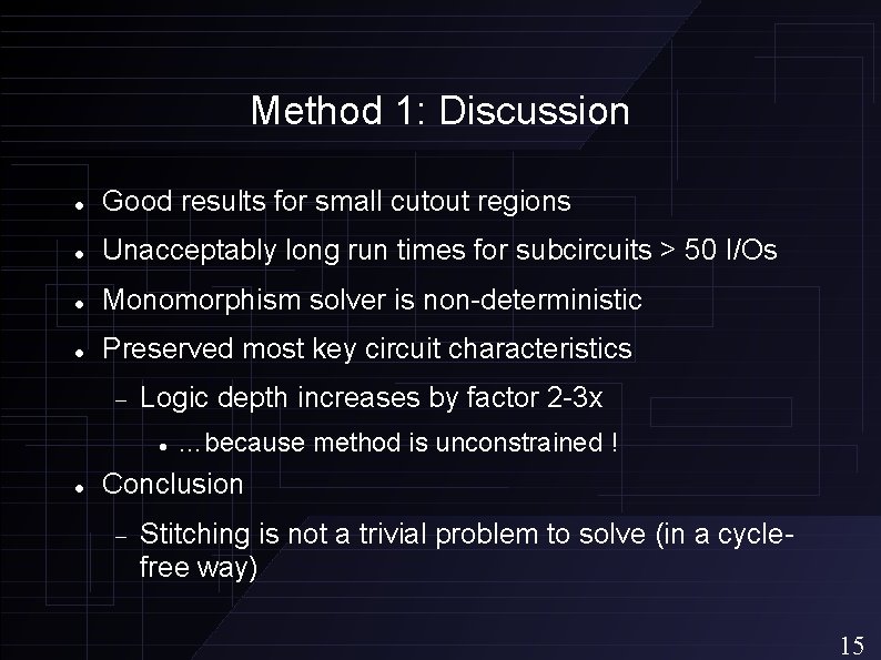 Method 1: Discussion Good results for small cutout regions Unacceptably long run times for