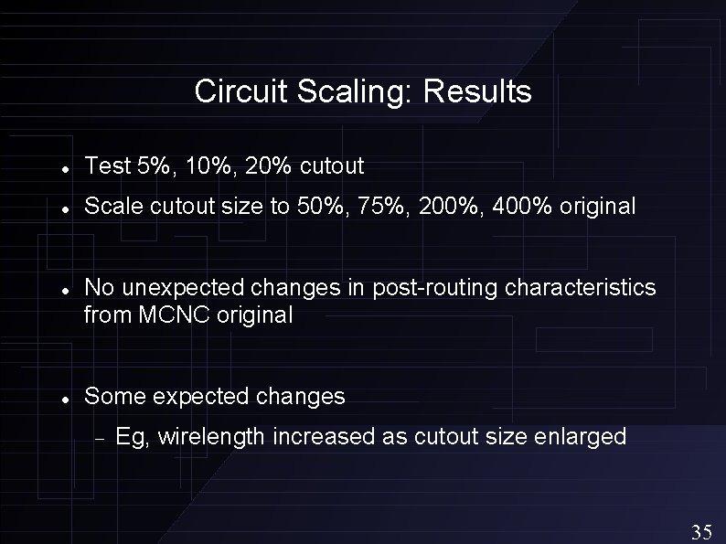 Circuit Scaling: Results Test 5%, 10%, 20% cutout Scale cutout size to 50%, 75%,