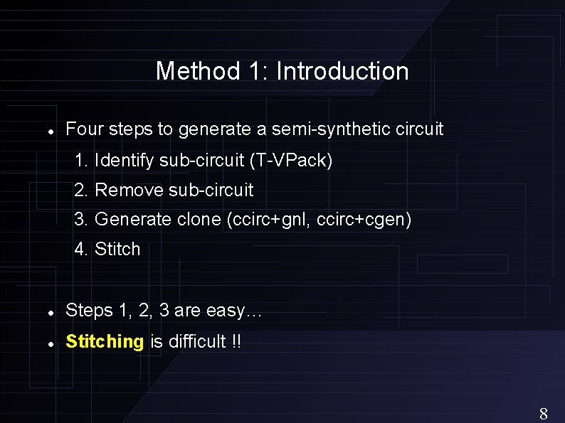 Method 1: Introduction Four steps to generate a semi-synthetic circuit 1. Identify sub-circuit (T-VPack)