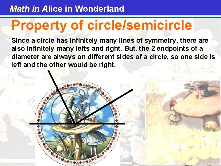 Math in Alice in Wonderland Property of circle/semicircle Since a circle has infinitely many Math in Alice in Wonderland Property of circle/semicircle Since a circle has infinitely many
