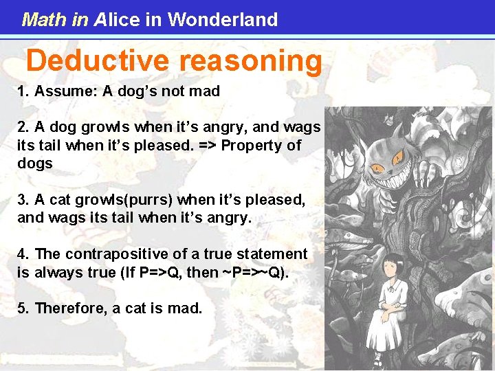 Math in Alice in Wonderland Deductive reasoning 1. Assume: A dog’s not mad 2.