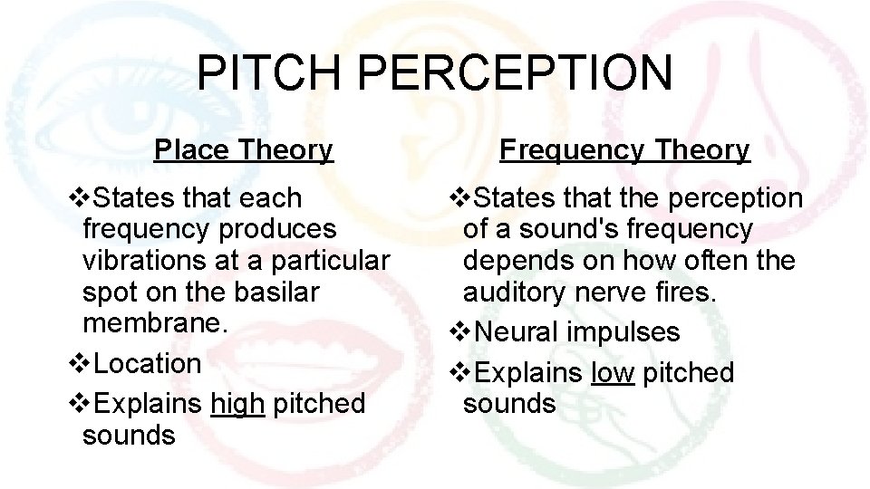 PITCH PERCEPTION Place Theory v. States that each frequency produces vibrations at a particular