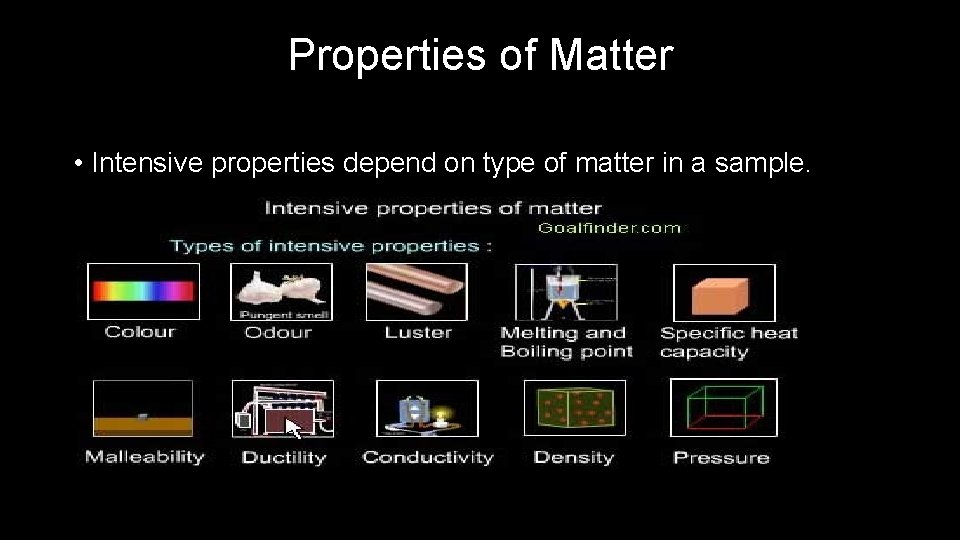 Properties of Matter • Intensive properties depend on type of matter in a sample.