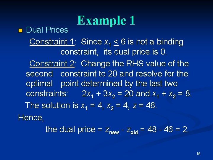 Example 1 Dual Prices Constraint 1: Since x 1 < 6 is not a Example 1 Dual Prices Constraint 1: Since x 1 < 6 is not a