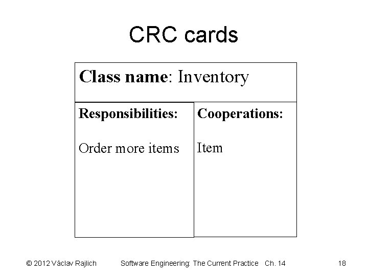 CRC cards Class name: Inventory Responsibilities: Cooperations: Order more items Item © 2012 Václav