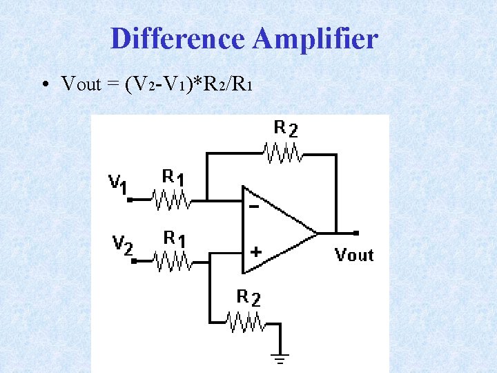 Difference Amplifier • Vout = (V 2 -V 1)*R 2/R 1 