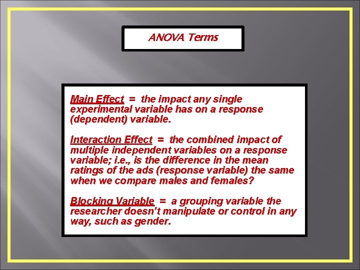 ANOVA Terms Main Effect = the impact any single experimental variable has on a