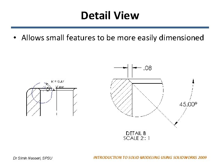 Detail View • Allows small features to be more easily dimensioned Dr Simin Nasseri,