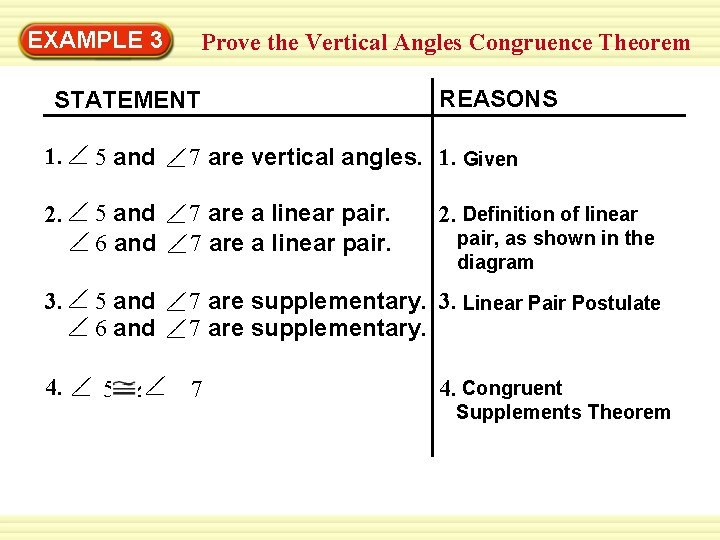 Warm-Up 3 Exercises EXAMPLE Prove the Vertical Angles Congruence Theorem STATEMENT REASONS 1. 5