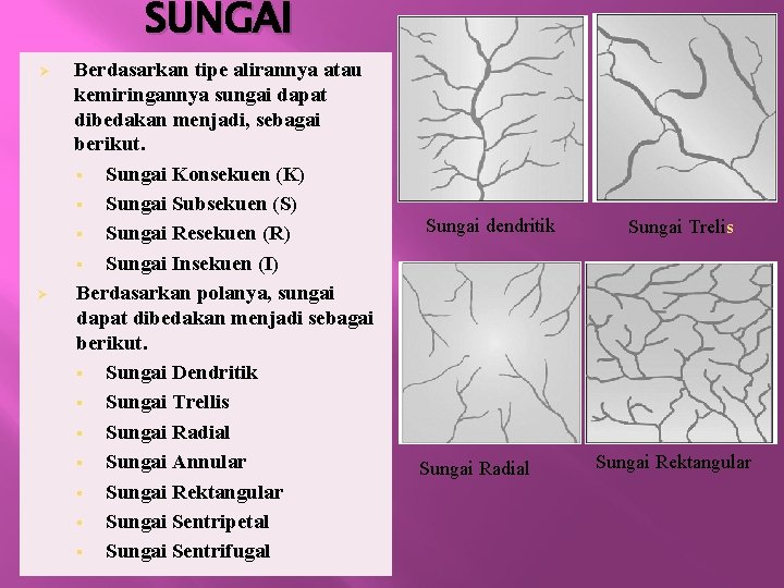 SUNGAI Ø Ø Berdasarkan tipe alirannya atau kemiringannya sungai dapat dibedakan menjadi, sebagai berikut.