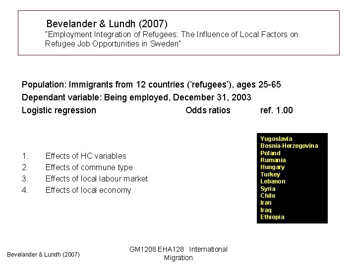 Bevelander & Lundh (2007) ”Employment Integration of Refugees: The Influence of Local Factors on