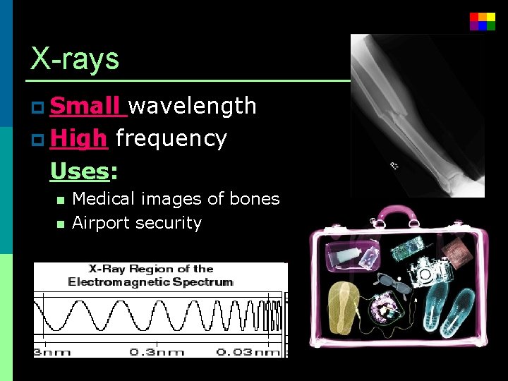 X-rays p Small wavelength p High frequency Uses: n n Medical images of bones