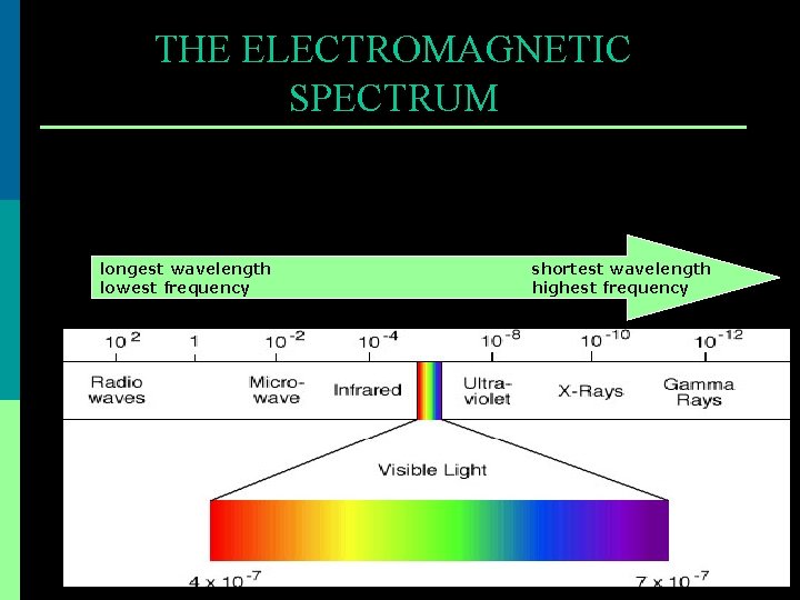 THE ELECTROMAGNETIC SPECTRUM longest wavelength lowest frequency shortest wavelength highest frequency 