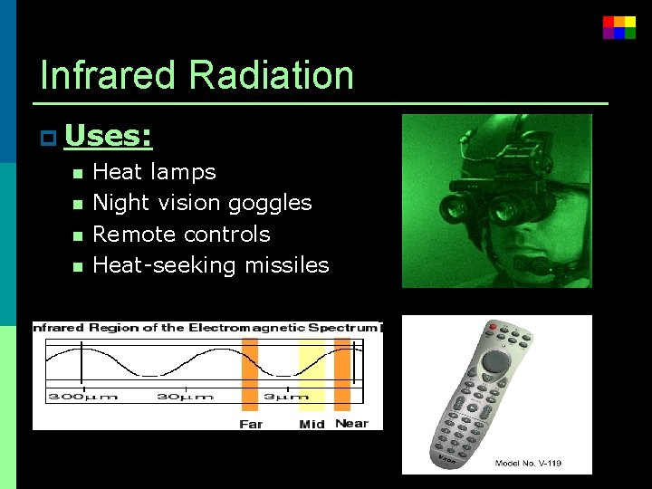 Infrared Radiation p Uses: n Heat lamps n Night vision goggles n Remote controls