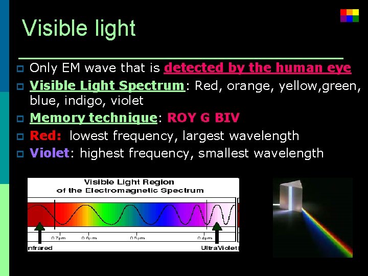 Visible light p p p Only EM wave that is detected by the human