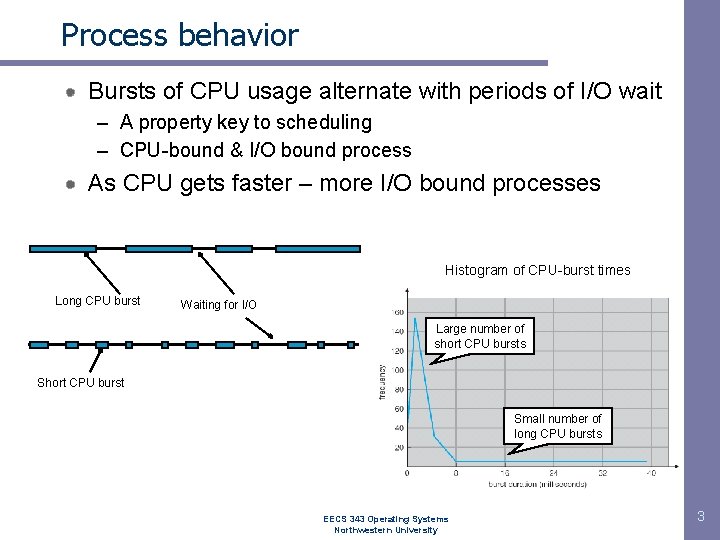 Process behavior Bursts of CPU usage alternate with periods of I/O wait – A
